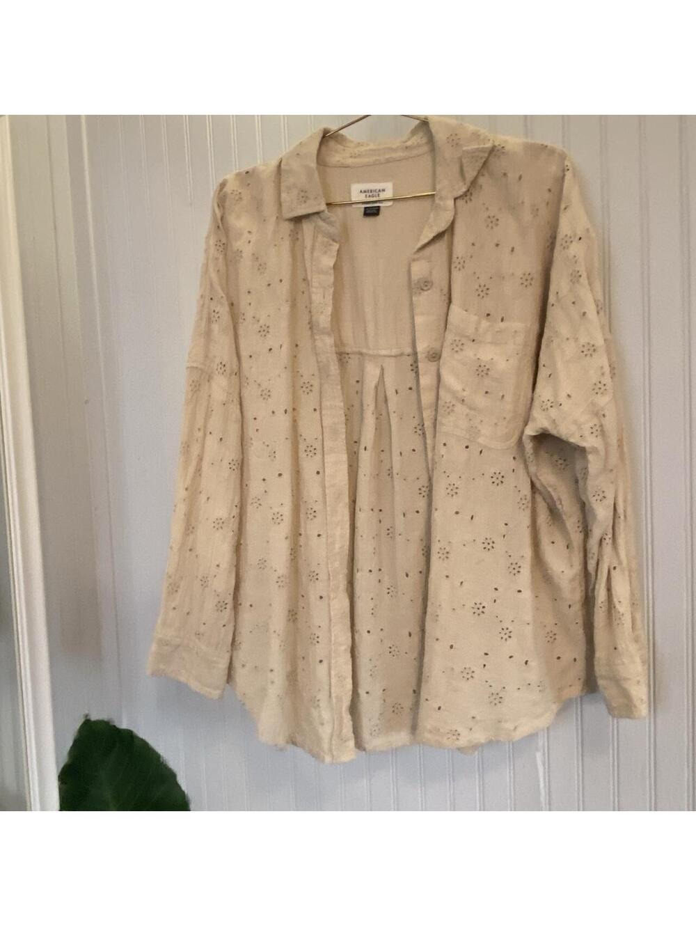 American Eagle Lace Shirt Tan Eyelet Button Down Boho Western Oversize Soft